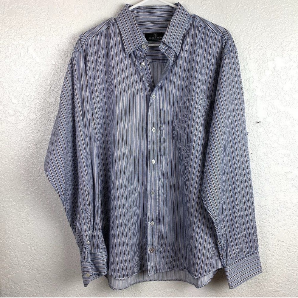 Bugatchi Uomo Button Up Blue and Brown Stripe Dress Shirt